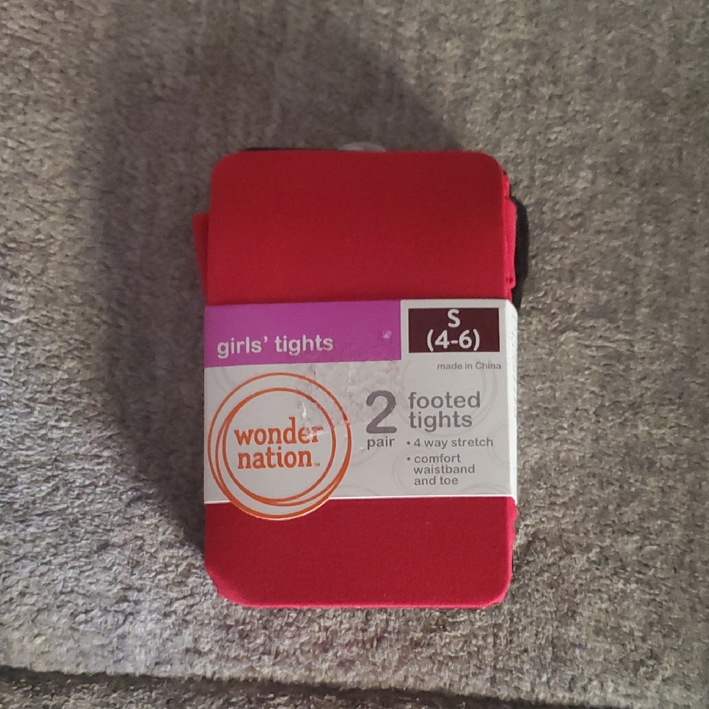 🔴 Wonder Nation Bright Red Girls' Footed Tights (2 Pack) Size S(4-6)